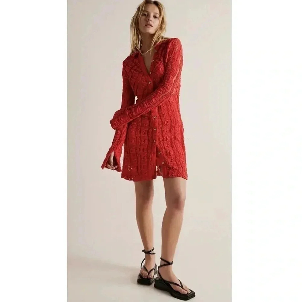 Free People Shayla Lace Long Sleeve Mini Dress Red Size Medium